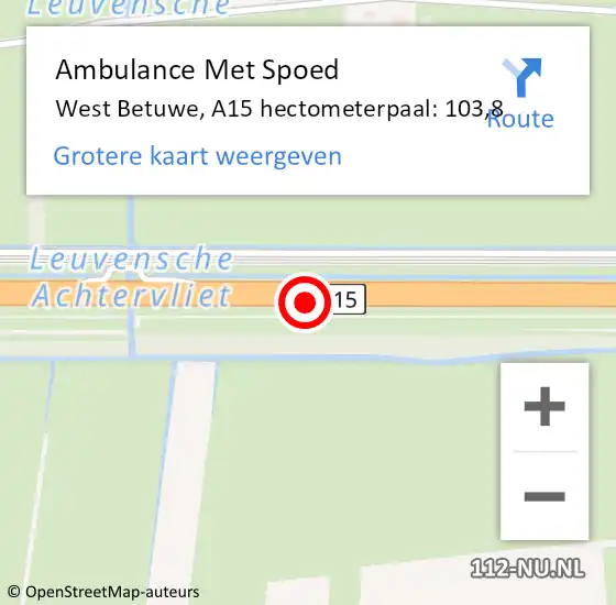 Locatie op kaart van de 112 melding: Ambulance Met Spoed Naar West Betuwe, A15 hectometerpaal: 103,8 op 9 september 2022 21:04