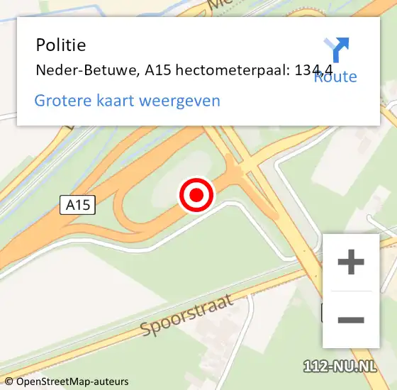 Locatie op kaart van de 112 melding: Politie Neder-Betuwe, A15 hectometerpaal: 134,4 op 9 september 2022 21:16