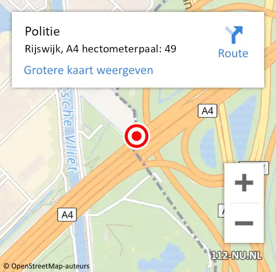 Locatie op kaart van de 112 melding: Politie Den Haag, A4 hectometerpaal: 49 op 9 september 2022 21:29