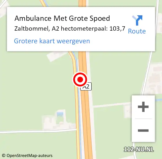 Locatie op kaart van de 112 melding: Ambulance Met Grote Spoed Naar Zaltbommel, A2 hectometerpaal: 103,7 op 10 september 2022 00:31