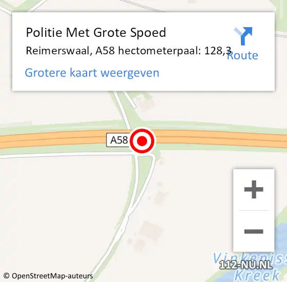 Locatie op kaart van de 112 melding: Politie Met Grote Spoed Naar Reimerswaal, A58 hectometerpaal: 128,3 op 10 september 2022 07:24