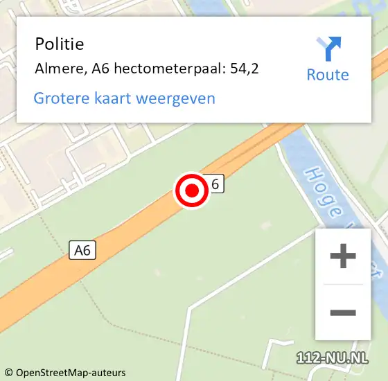 Locatie op kaart van de 112 melding: Politie Almere, A6 hectometerpaal: 54,2 op 10 september 2022 08:07