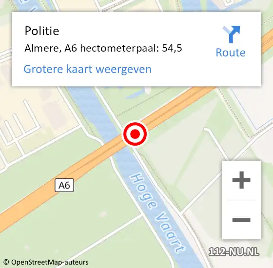 Locatie op kaart van de 112 melding: Politie Almere, A6 hectometerpaal: 54,5 op 10 september 2022 08:07