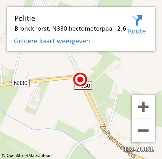 Locatie op kaart van de 112 melding: Politie Bronckhorst, N330 hectometerpaal: 2,6 op 10 september 2022 08:23