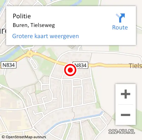 Locatie op kaart van de 112 melding: Politie Buren, Tielseweg op 10 september 2022 10:50