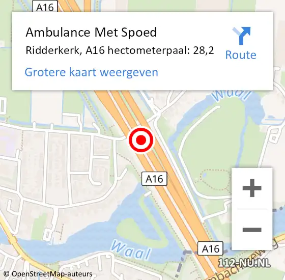 Locatie op kaart van de 112 melding: Ambulance Met Spoed Naar Ridderkerk, A16 hectometerpaal: 28,2 op 10 september 2022 11:48