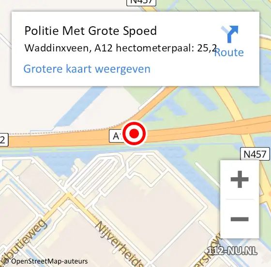 Locatie op kaart van de 112 melding: Politie Met Grote Spoed Naar Waddinxveen, A12 hectometerpaal: 25,2 op 10 september 2022 12:08