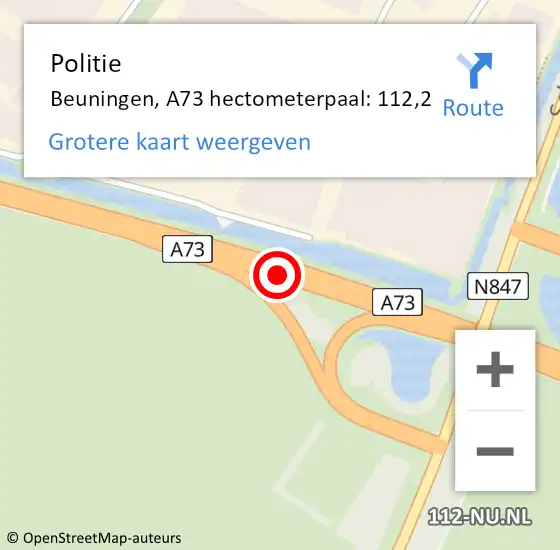 Locatie op kaart van de 112 melding: Politie Beuningen, A73 hectometerpaal: 112,2 op 10 september 2022 14:25