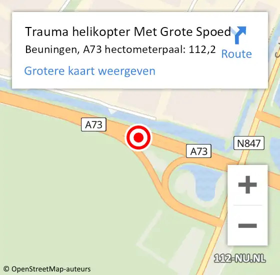 Locatie op kaart van de 112 melding: Trauma helikopter Met Grote Spoed Naar Beuningen, A73 hectometerpaal: 112,2 op 10 september 2022 14:27