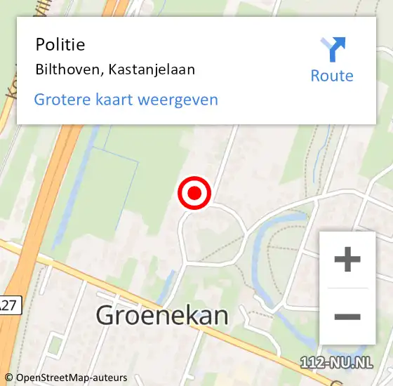 Locatie op kaart van de 112 melding: Politie Bilthoven, Kastanjelaan op 10 september 2022 15:31