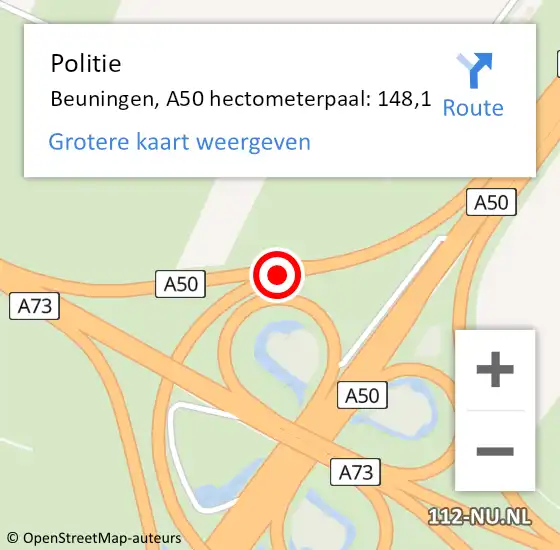 Locatie op kaart van de 112 melding: Politie Beuningen, A50 hectometerpaal: 148,1 op 10 september 2022 16:12