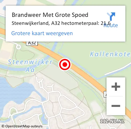 Locatie op kaart van de 112 melding: Brandweer Met Grote Spoed Naar Steenwijkerland, A32 hectometerpaal: 21,6 op 10 september 2022 16:38