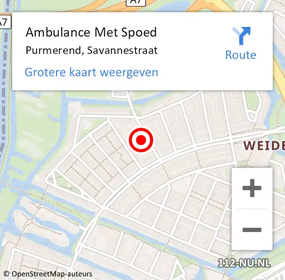 Locatie op kaart van de 112 melding: Ambulance Met Spoed Naar Purmerend, Savannestraat op 10 september 2022 16:42