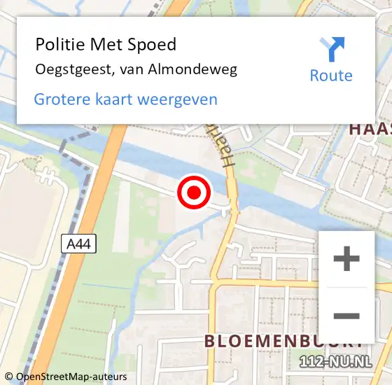 Locatie op kaart van de 112 melding: Politie Met Spoed Naar Oegstgeest, van Almondeweg op 10 september 2022 17:14