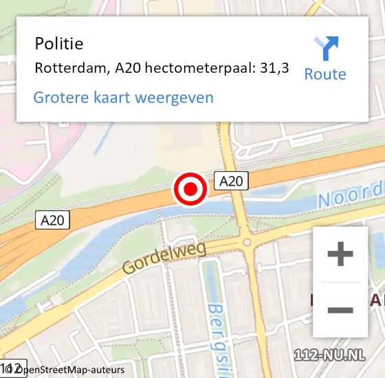 Locatie op kaart van de 112 melding: Politie Rotterdam, A20 hectometerpaal: 31,3 op 10 september 2022 17:18