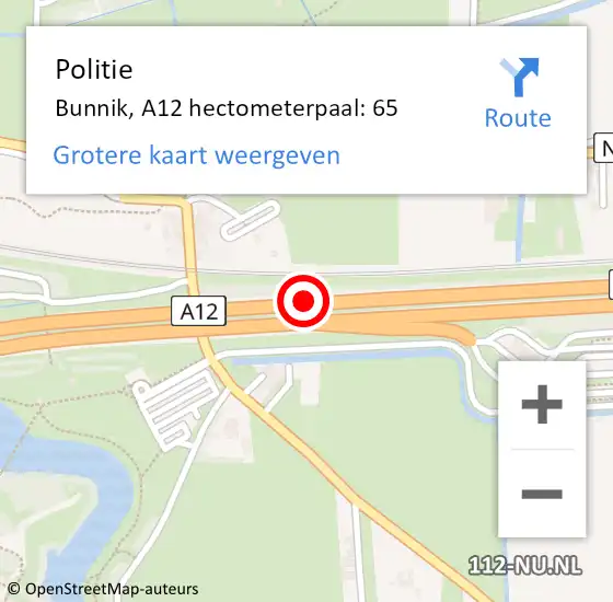 Locatie op kaart van de 112 melding: Politie Bunnik, A12 hectometerpaal: 65 op 10 september 2022 17:39