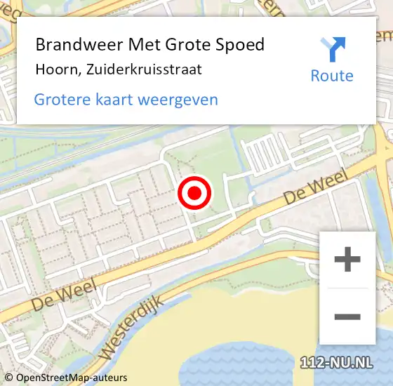 Locatie op kaart van de 112 melding: Brandweer Met Grote Spoed Naar Hoorn, Zuiderkruisstraat op 10 september 2022 17:53