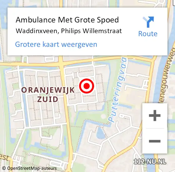 Locatie op kaart van de 112 melding: Ambulance Met Grote Spoed Naar Waddinxveen, Philips Willemstraat op 10 september 2022 18:20