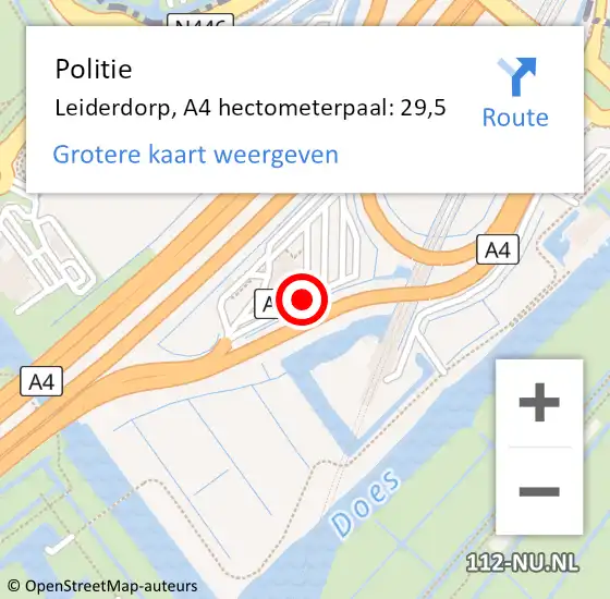 Locatie op kaart van de 112 melding: Politie Leiderdorp, A4 hectometerpaal: 29,5 op 10 september 2022 18:46