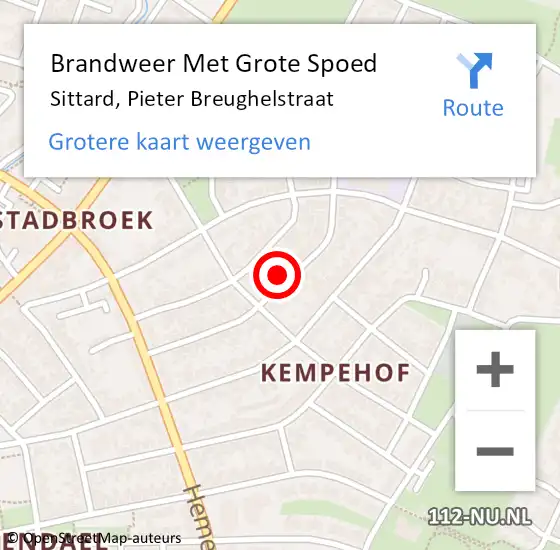 Locatie op kaart van de 112 melding: Brandweer Met Grote Spoed Naar Sittard, Pieter Breughelstraat op 10 september 2022 19:14