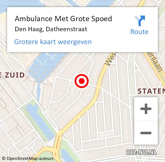 Locatie op kaart van de 112 melding: Ambulance Met Grote Spoed Naar Den Haag, Datheenstraat op 10 september 2022 20:10