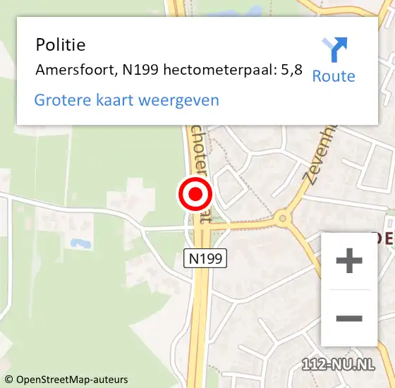 Locatie op kaart van de 112 melding: Politie Amersfoort, N199 hectometerpaal: 5,8 op 10 september 2022 20:19