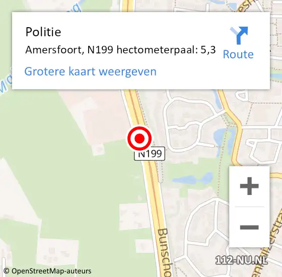 Locatie op kaart van de 112 melding: Politie Amersfoort, N199 hectometerpaal: 5,3 op 10 september 2022 20:20