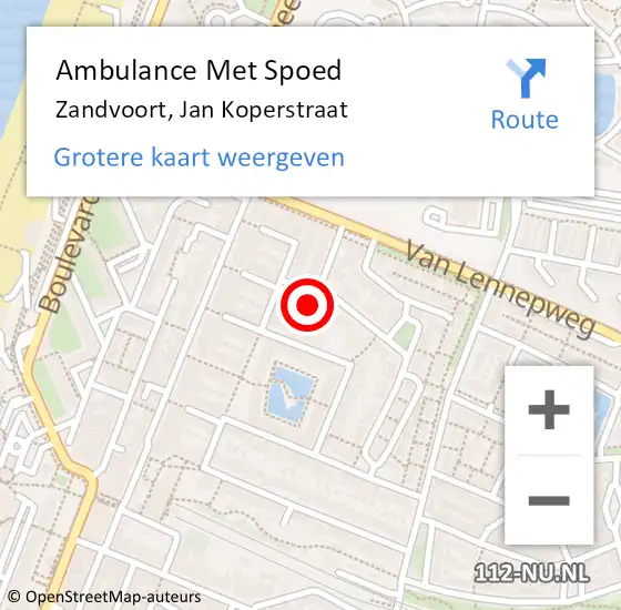 Locatie op kaart van de 112 melding: Ambulance Met Spoed Naar Zandvoort, Jan Koperstraat op 10 september 2022 21:09
