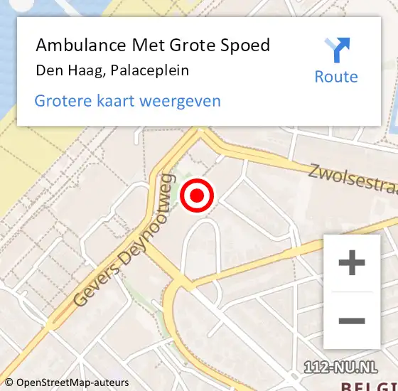 Locatie op kaart van de 112 melding: Ambulance Met Grote Spoed Naar Den Haag, Palaceplein op 10 september 2022 23:08