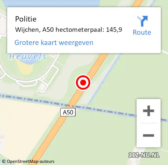 Locatie op kaart van de 112 melding: Politie Wijchen, A50 hectometerpaal: 145,9 op 11 september 2022 05:25