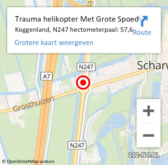 Locatie op kaart van de 112 melding: Trauma helikopter Met Grote Spoed Naar Koggenland, N247 hectometerpaal: 57,6 op 11 september 2022 06:21