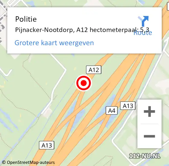 Locatie op kaart van de 112 melding: Politie Den Haag, A12 hectometerpaal: 5,3 op 11 september 2022 09:20