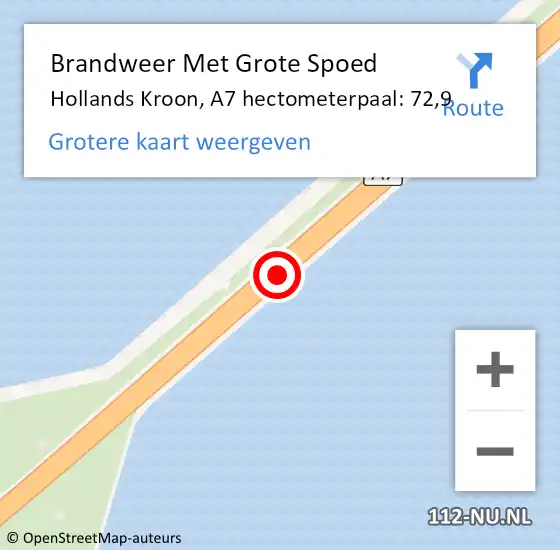 Locatie op kaart van de 112 melding: Brandweer Met Grote Spoed Naar Hollands Kroon, A7 hectometerpaal: 72,9 op 11 september 2022 11:35