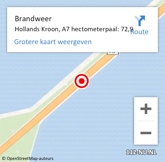 Locatie op kaart van de 112 melding: Brandweer Hollands Kroon, A7 hectometerpaal: 72,9 op 11 september 2022 11:39