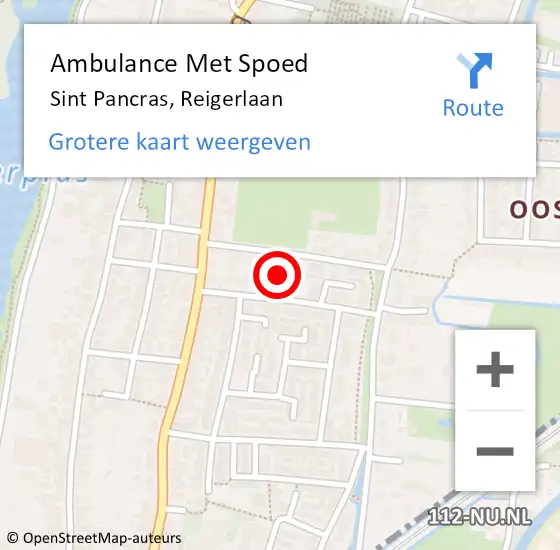 Locatie op kaart van de 112 melding: Ambulance Met Spoed Naar Sint Pancras, Reigerlaan op 11 september 2022 14:56