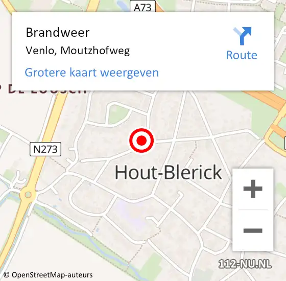 Locatie op kaart van de 112 melding: Brandweer Venlo, Moutzhofweg op 11 september 2022 16:54