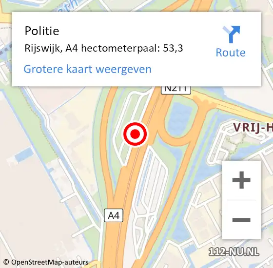 Locatie op kaart van de 112 melding: Politie Rijswijk, A4 hectometerpaal: 53,3 op 11 september 2022 17:25