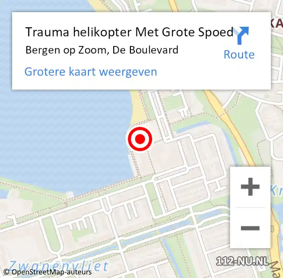 Locatie op kaart van de 112 melding: Trauma helikopter Met Grote Spoed Naar Bergen op Zoom, De Boulevard op 11 september 2022 19:17