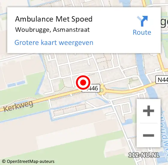 Locatie op kaart van de 112 melding: Ambulance Met Spoed Naar Woubrugge, Asmanstraat op 11 september 2022 19:28