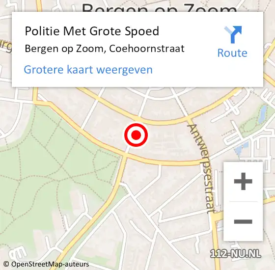 Locatie op kaart van de 112 melding: Politie Met Grote Spoed Naar Bergen op Zoom, Coehoornstraat op 11 september 2022 19:44