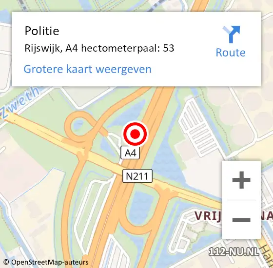 Locatie op kaart van de 112 melding: Politie Rijswijk, A4 hectometerpaal: 53 op 11 september 2022 23:10