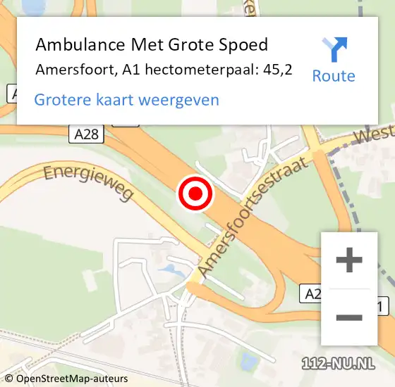 Locatie op kaart van de 112 melding: Ambulance Met Grote Spoed Naar Amersfoort, A1 hectometerpaal: 45,2 op 12 september 2022 00:09