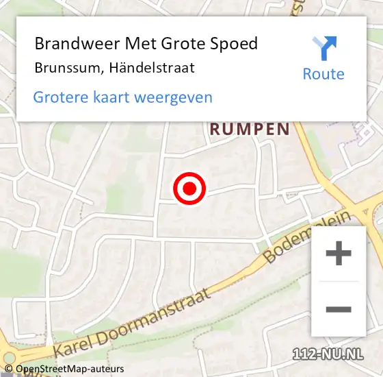 Locatie op kaart van de 112 melding: Brandweer Met Grote Spoed Naar Brunssum, Händelstraat op 12 september 2022 00:56