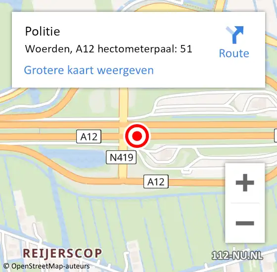 Locatie op kaart van de 112 melding: Politie Woerden, A12 hectometerpaal: 51 op 12 september 2022 02:25