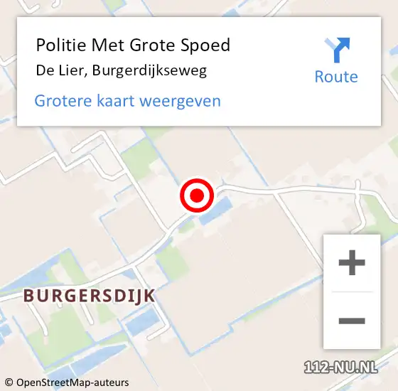 Locatie op kaart van de 112 melding: Politie Met Grote Spoed Naar De Lier, Burgerdijkseweg op 12 september 2022 07:28