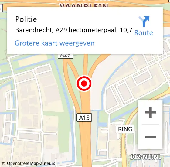 Locatie op kaart van de 112 melding: Politie Barendrecht, A29 hectometerpaal: 10,7 op 12 september 2022 08:47