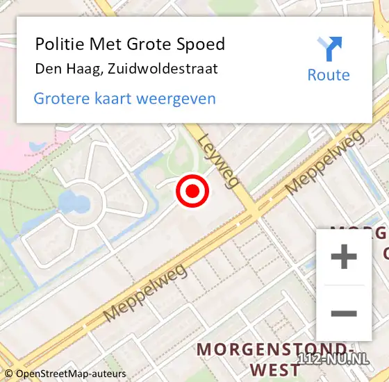 Locatie op kaart van de 112 melding: Politie Met Grote Spoed Naar Den Haag, Zuidwoldestraat op 12 september 2022 08:48