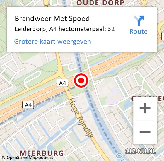 Locatie op kaart van de 112 melding: Brandweer Met Spoed Naar Zoeterwoude, A4 hectometerpaal: 32 op 12 september 2022 10:29