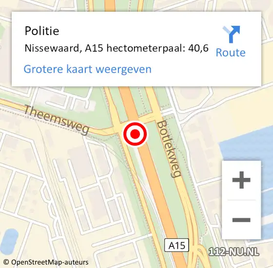 Locatie op kaart van de 112 melding: Politie Nissewaard, A15 hectometerpaal: 40,6 op 12 september 2022 10:49