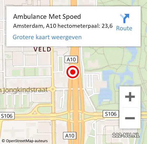 Locatie op kaart van de 112 melding: Ambulance Met Spoed Naar Amsterdam, A10 hectometerpaal: 23,6 op 12 september 2022 12:32
